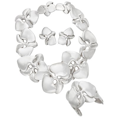 Lot 395 - Sterling Silver Necklace, Cuff Bangle Bracelet and Pair of Earrings, Angela Cummings