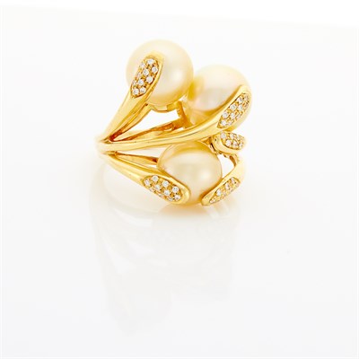 Lot 1058 - Gold, Golden Cultured Pearl and Diamond Ring