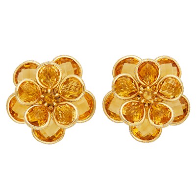 Lot 47 - Pair of Gold, Citrine and Diamond Flower Earrings