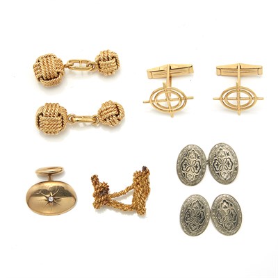 Lot 1780 - Three Pairs of Yellow and White Gold Cufflinks and Two Single Gold and Low Karat Gold Cufflinks