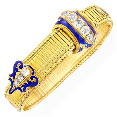 Lot 155 - Antique Gold, Diamond and Enamel Slide Bracelet
