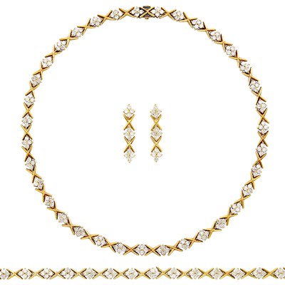 Lot 53 - Gold and Diamond Necklace, Bracelet and Pair of Pendant-Earclips