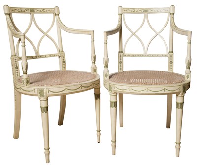 Lot 132 - Pair of Regency Style Painted Caned Armchairs