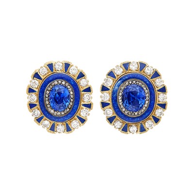 Lot 220 - Pair of Gold, Silver, Sapphire, Diamond and Blue Enamel Earclips