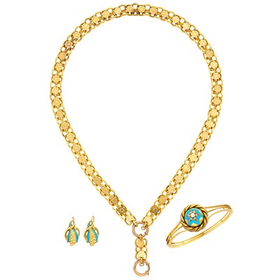 Lot 488 - Antique Gold, Split Pearl, Turquoise Enamel and Diamond Bangle Bracelet, Pair of Earrings and Gold Link Necklace