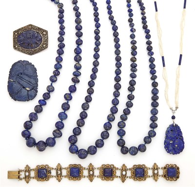 Lot 1687 - Group of Lapis Bead Necklaces and Metal and Carved Lapis Jewelry