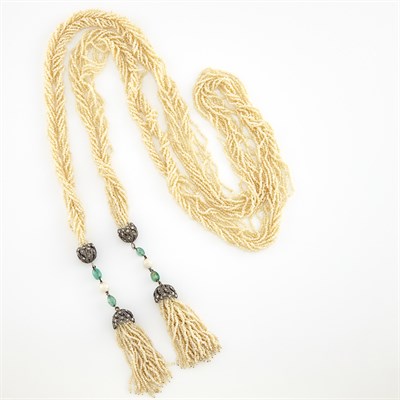 Lot 1238 - Double Strand Multistrand Seed Pearl, Silver, Pearl, Diamond and Emerald Sautoir