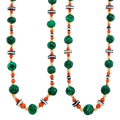 Lot 24 - Pair of Gold, Malachite, Coral, Banded Agate and Gold Bead Necklaces