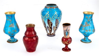 Lot 344 - Group of Five Continental Enamel Vases...