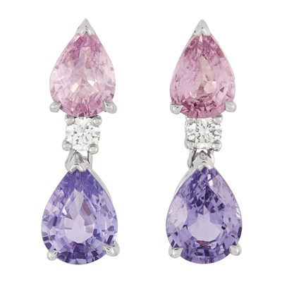 Lot 99 - Pair of White Gold, Lavender and Pink Sapphire and Diamond Pendant Earrings
