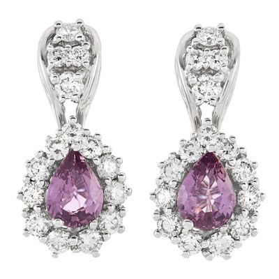 Lot 307 - Pair of White Gold, Pink Sapphire and Diamond Pendant Earrings
