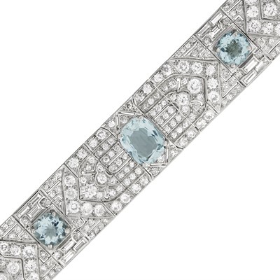 Lot 477 - Art Deco Platinum, Aquamarine and Diamond Bracelet