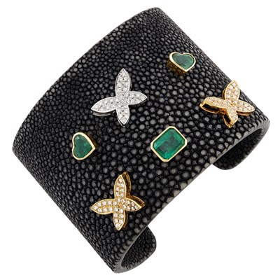 Lot 60 - Two-Color Gold, Emerald and Shagreen Cuff Bracelet