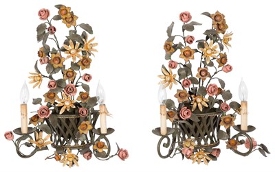 Lot 255 - Pair of Tôle Painted Two-Light Flower Basket...