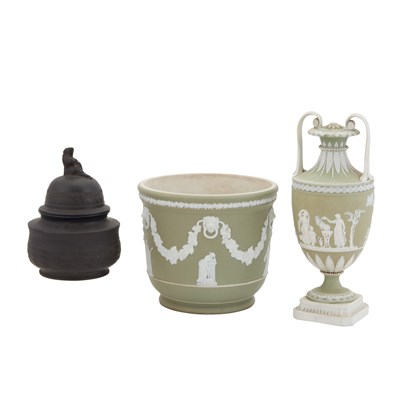 Lot 213 - Wedgwood Green Jasperware Vase and Cover;...