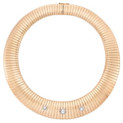 Lot 445 - Wide Rose Gold, Platinum and Diamond Snake Link Necklace, Bulgari