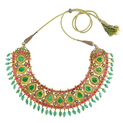 Lot 197 - Indian Gold, Foil-Backed Emerald, Ruby and Synthetic Ruby and Diamond, Emerald Bead and Jaipur Enamel Fringe Necklace