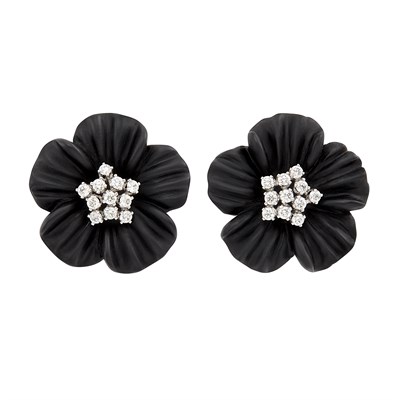Lot 106 - Pair of Carved Black Onyx and Diamond Flower Earclips, Aletto Brothers