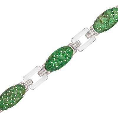Lot 252 - Platinum, Carved Jade, Rock Crystal and Diamond Bracelet