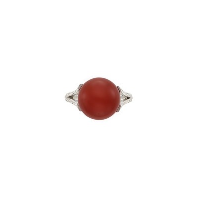 Lot 259 - Platinum, Oxblood Coral and Diamond Ring