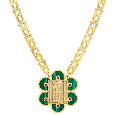 Lot 415 - Gold, Malachite, Diamond and Cabochon Ruby Pendant-Necklace, Cartier