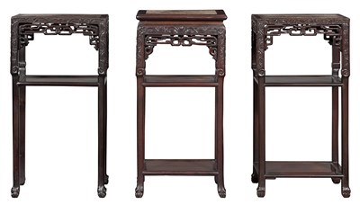 Lot 236 - Three Chinese Marble Inset Carved Hardwood...