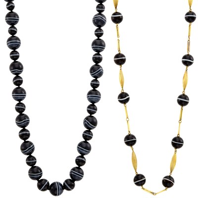 Lot 144 - Long Banded Agate Bead and Gold Necklace and Banded Agate Bead Necklace