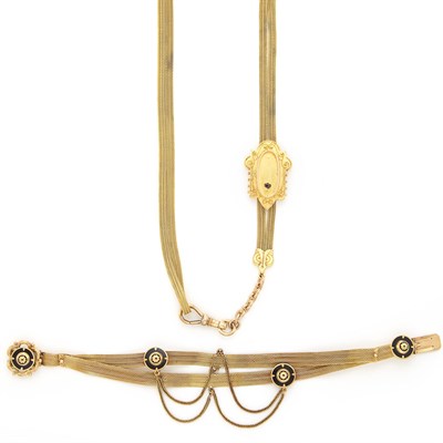 Lot 1245 - Double Strand Gold and Enamel Bracelet, France, and Long Antique Gold Mesh Slide Necklace