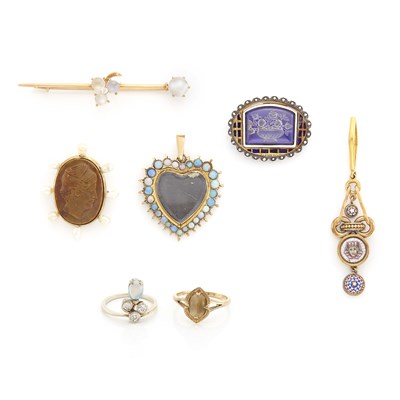 Lot 334 - Three Antique Low Karat Gold, Silver, White Gold, Diamond, Gem-Set and Micromosaic Pendants, Two Pins and Two Rings