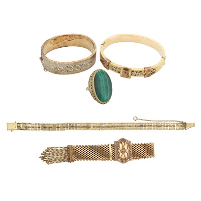 Lot 1540 - Pair of Antique Gold and Enamel Bangle Bracelets, Gold Bracelet, Gilt-Metal Slide Bracelet and Malachite Ring