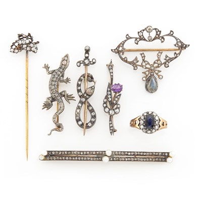 Lot 1530 - Group of Antique Gold, Silver and Diamond Pins and Ring