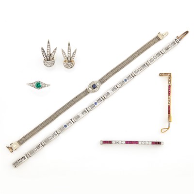 Lot 1417 - Two Gold, Platinum, Diamond, Ruby and Synthetic Ruby Bar Pins, Platinum, Green Garnet and Diamond Ring, Pair of White Gold and Diamond Earrings and Two Bracelets