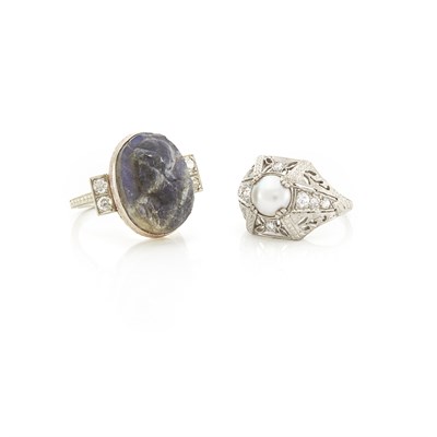 Lot 318 - Platinum, Pearl and Diamond Ring and White Gold, Carved Labradorite and Diamond Ring