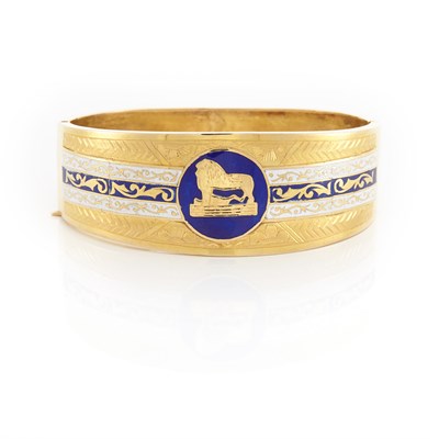 Lot 312 - Egyptian Gold and Blue and White Enamel Bangle Bracelet