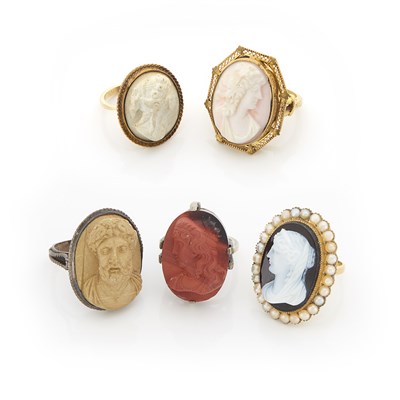 Lot 319 - Five Gold, Silver and Carved Hardstone Cameo Rings