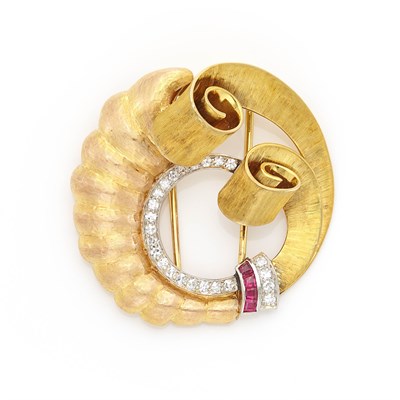 Lot 1151 - Two-Color Gold, Platinum, Ruby and Diamond Clip