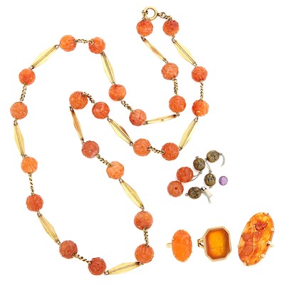 Lot 1546 - Group of Gold and Carved Hardstone Necklace, Rings and Fragments