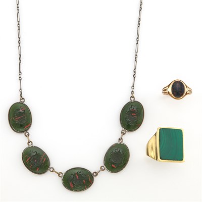 Lot 1550 - Gold and Malachite Ring, Low Karat Gold and Bloodstone Ring and Siler and Molded Glass Neckalce