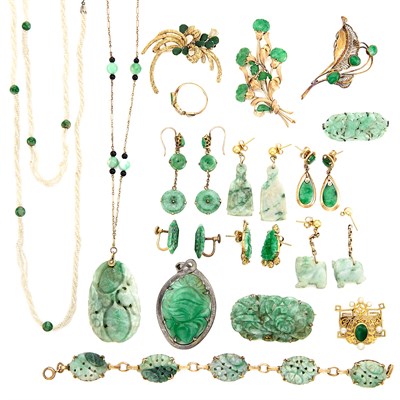 Lot 1549 - Multistrand Seed Pearl and Emerald Bead Necklace, Carved Jade Necklace and Bracelet, and Group of Jade Jewelry and Fragments