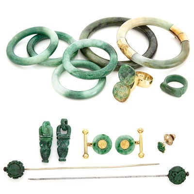 Lot 1548 - Group of Gold, Metal, Jade and Nephrite Jewelry and Fragments