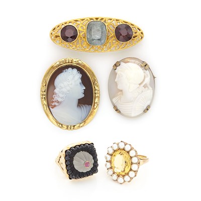 Lot 1232 - Group of Gold, Citrine, Pearl, Black Onyx, Frosted Rock Crystal, Ruby and Aquamarine Jewelry