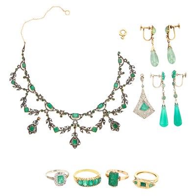 Lot 1544 - Group of Gold, Silver, Platinum, Emerald, Chalcedony, Jade and Diamond Jewelry and Fragments