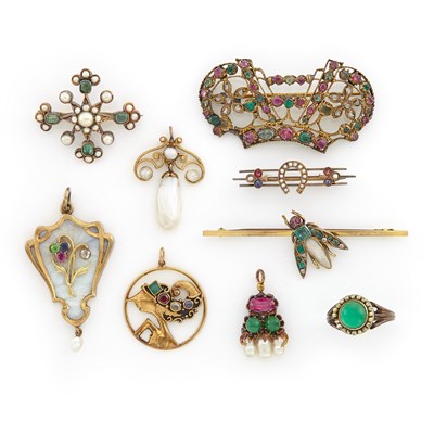 Lot 1229 - Group of Antique Gold, Silver-Gilt, Freshwater Pearl, Simulated and Gem-Set Pins and Pendants