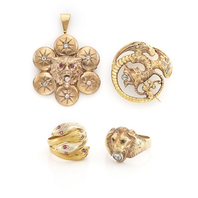 Lot 341 - Group of Antique Gold, Low Karat Gold, Gilt and Diamond Animal Jewelry