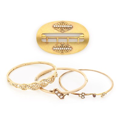 Lot 1311 - Three Antique Gold, Low Karat Gold and Pearl Bangle Bracelets and Belt Buckle