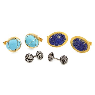 Lot 1555 - Pair of Gold and Turquoise and Gold, Lapis and Silver Cufflinks