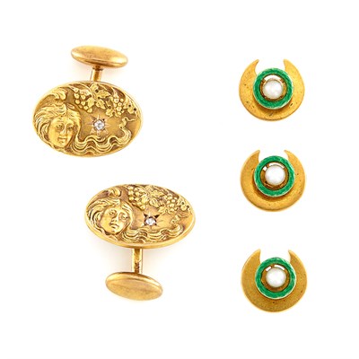 Lot 1552 - Pair of Art Nouveau Gold and Diamond Cufflinks and Three Gold, Green Enamel and Pearl Studs