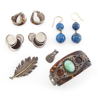 Lot 1671 - Group of Silver, Metal, Sodalite and Tortoise Shell Earrings, Clip, Cuff and Fragments