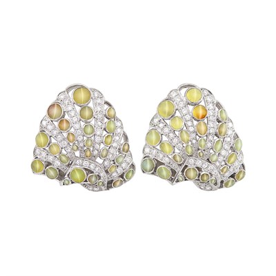 Lot 438 - Pair of White Gold, Cat's Eye Chrysoberyl and Diamond Earclips