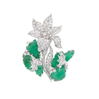 Lot 95 - White Gold, Carved Emerald and Diamond Flower Brooch